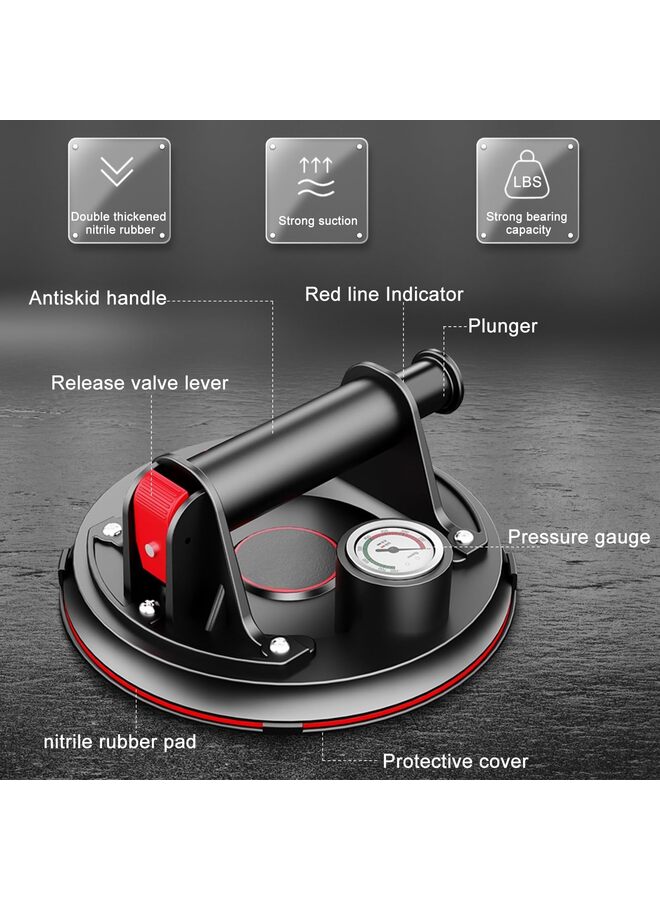 أكواب شفط مفرغة مقاس 8 بوصات مع مقياس ضغط، أكواب شفط زجاجية يدوية شديدة التحمل، سعة تحميل 480 رطلاً لرفع الجرانيت والبلاط والزجاج الكبير - Image 4