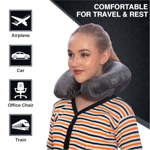 CRAE Travel Neck Pillow for Men & Women | Soft Fibre Cushion for Flight, Car & Train | Soft Velvet Fabric with Attachable Snap Strap | Cervical Support for Neck Pain Relief.Pack of 1(Grey) - Image 4