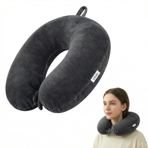 CRAE Travel Neck Pillow for Men & Women | Soft Fibre Cushion for Flight, Car & Train | Soft Velvet Fabric with Attachable Snap Strap | Cervical Support for Neck Pain Relief.Pack of 1(Grey) - Image 1