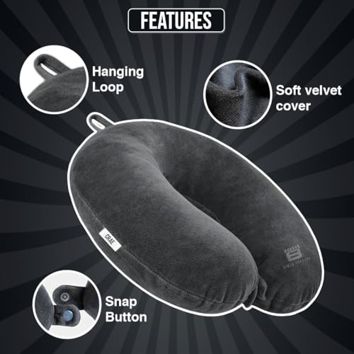 CRAE Travel Neck Pillow for Men & Women | Soft Fibre Cushion for Flight, Car & Train | Soft Velvet Fabric with Attachable Snap Strap | Cervical Support for Neck Pain Relief.Pack of 1(Grey) - Image 3