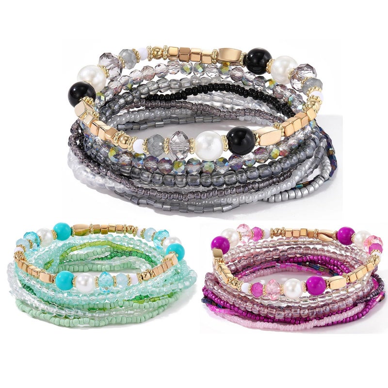 MengPa Beaded Bracelets for Women Trendy Stacks Boho Bead Bracelet Pack Friendship Jewelry Grey Green Purple 3207ABC - Image 2