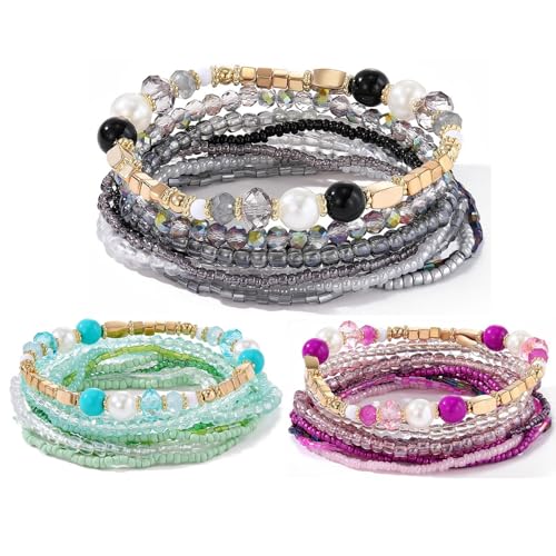 MengPa Beaded Bracelets for Women Trendy Stacks Boho Bead Bracelet Pack Friendship Jewelry Grey Green Purple 3207ABC - Image 1