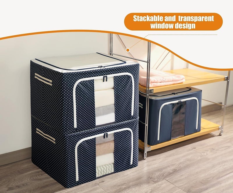 Woleebee Woleebee Clothes Storage Bin Bags Oxford Fabric Foldable Stackable Metal Frame Container Organizer Set with Clear Window Carry Handles Large Capacity for Saree Shirts Blankets Blue 66L 1 - Image 5