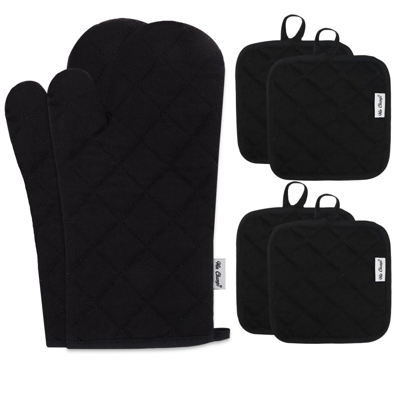 Win Change Oven Mitts and Pot Holders Sets,6 Pcs Oven Mitts and Potholders with Recycled Cotton High Heat Resistant Extra Thick Long Oven Mitts for Cooking(Black) - Image 1