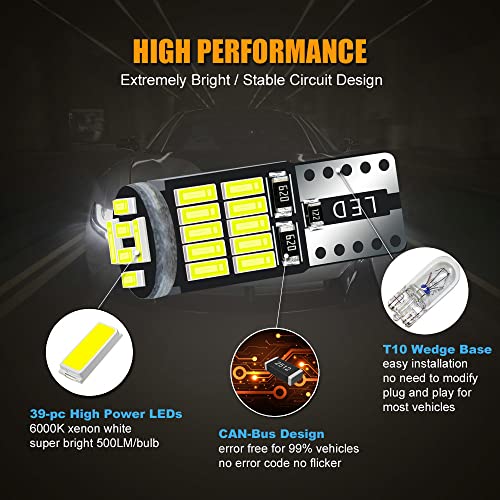 EBAIFUN T10 194 Led Bulb White 6000K 12V Super Bright W5W 168 175 2825 Replacement for Car Interior Reading Map Dome Courtesy Door License Plate Light etc Pack of 10 - Image 4