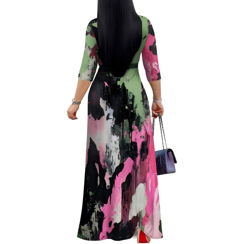 PinkPatty Women's Print Maxi Dresses 3/4 Sleeves V Neck Wrap Tie Waist Long Dressï¼ˆPaint5 Mï¼‰ - Image 2