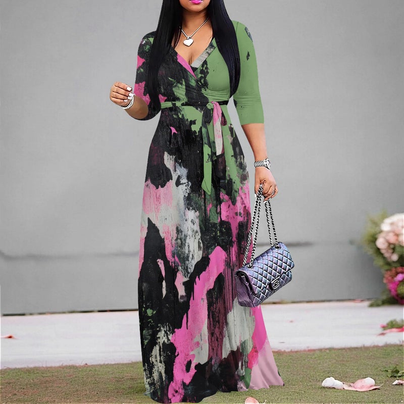 PinkPatty Women's Print Maxi Dresses 3/4 Sleeves V Neck Wrap Tie Waist Long Dressï¼ˆPaint5 Mï¼‰ - Image 4