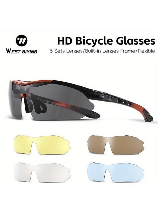 West Biking 5 Sets Lenses Classic HD Bicycle Glasses Lightweight Comfortable Black Orange - Image 2