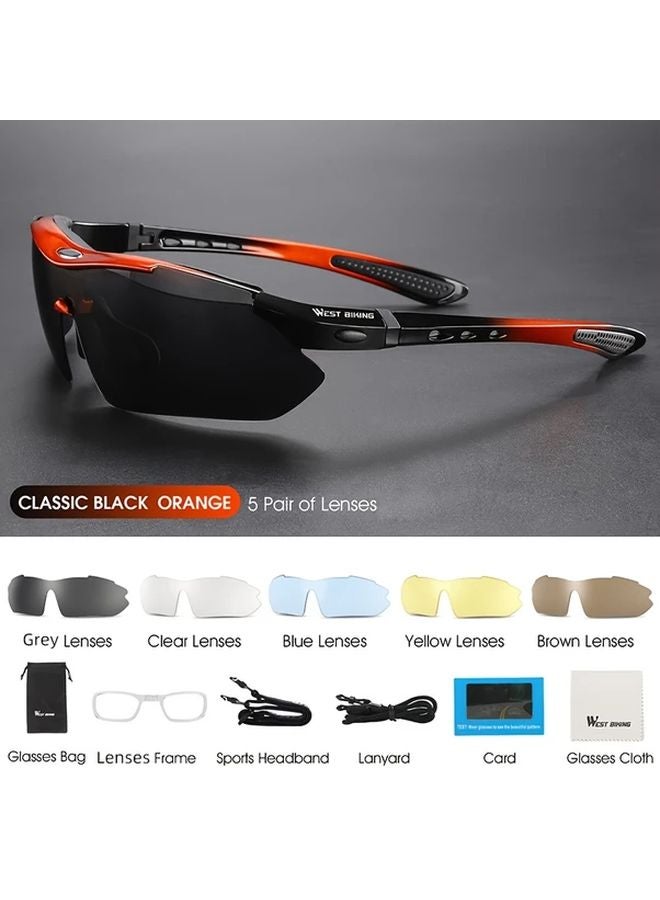 West Biking 5 Sets Lenses Classic HD Bicycle Glasses Lightweight Comfortable Black Orange - Image 1