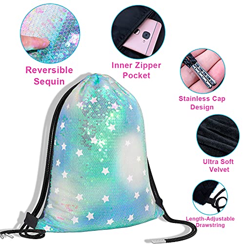 GA&EN Mermaid Reversible Sequin Drawstring Backpack/Bag Clear Iridescent Sequin+ Star Shape Spotted Green Fabric for Kids Girls One_Size - Image 4