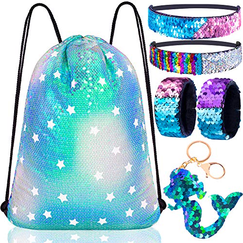 GA&EN Mermaid Reversible Sequin Drawstring Backpack/Bag Clear Iridescent Sequin+ Star Shape Spotted Green Fabric for Kids Girls One_Size - Image 1