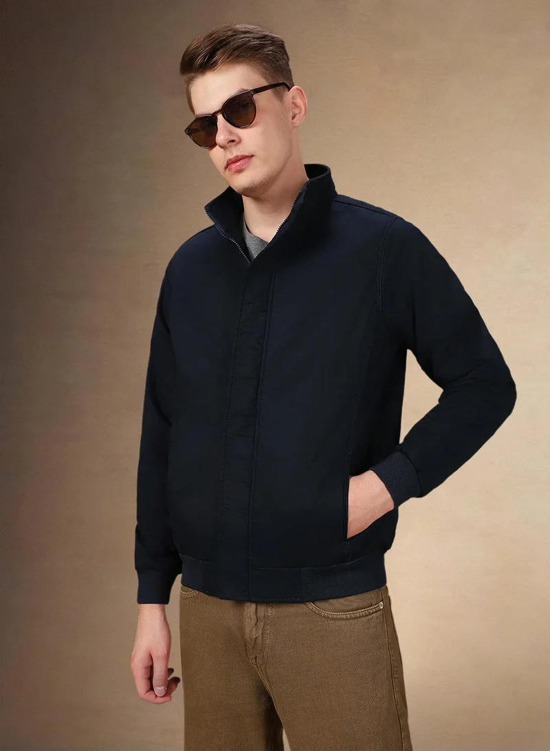 Men's Navy 100% Polyester Solid Regular Fit Jacket