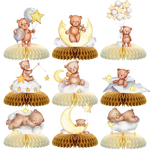 Tarklanda 9 Pcs Bear Baby Shower Honeycomb Centerpieces Little Bear Teddy Paper Fan Table Topper Honeycomb 3D Table Decoration for Kids Party Baby Shower Wedding Party Supplies - Image 1