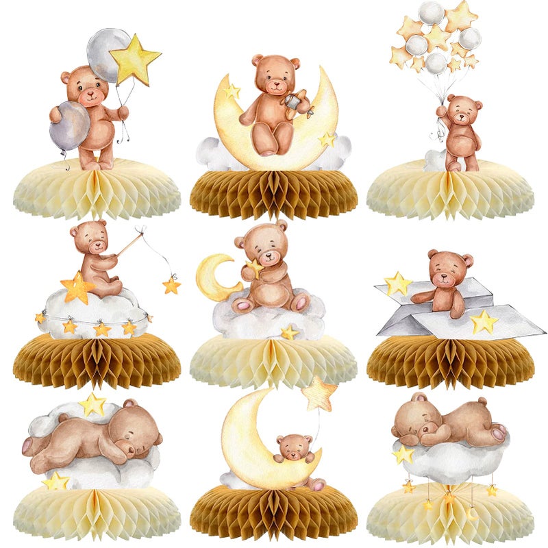 Tarklanda 9 Pcs Bear Baby Shower Honeycomb Centerpieces Little Bear Teddy Paper Fan Table Topper Honeycomb 3D Table Decoration for Kids Party Baby Shower Wedding Party Supplies - Image 2