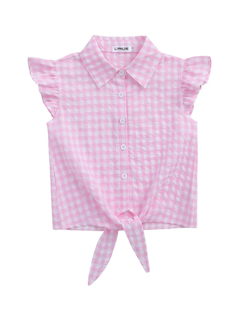 LIONJIE Girls Flutter Sleeve Shirts Pink Plaid Button Down Tie Knot Front Casual Blouse Summer Cardigan Crop Top 9-10Y - Image 1