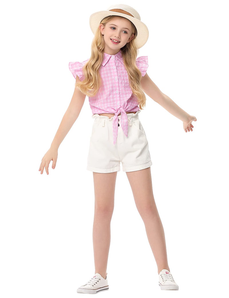 LIONJIE Girls Flutter Sleeve Shirts Pink Plaid Button Down Tie Knot Front Casual Blouse Summer Cardigan Crop Top 9-10Y - Image 2