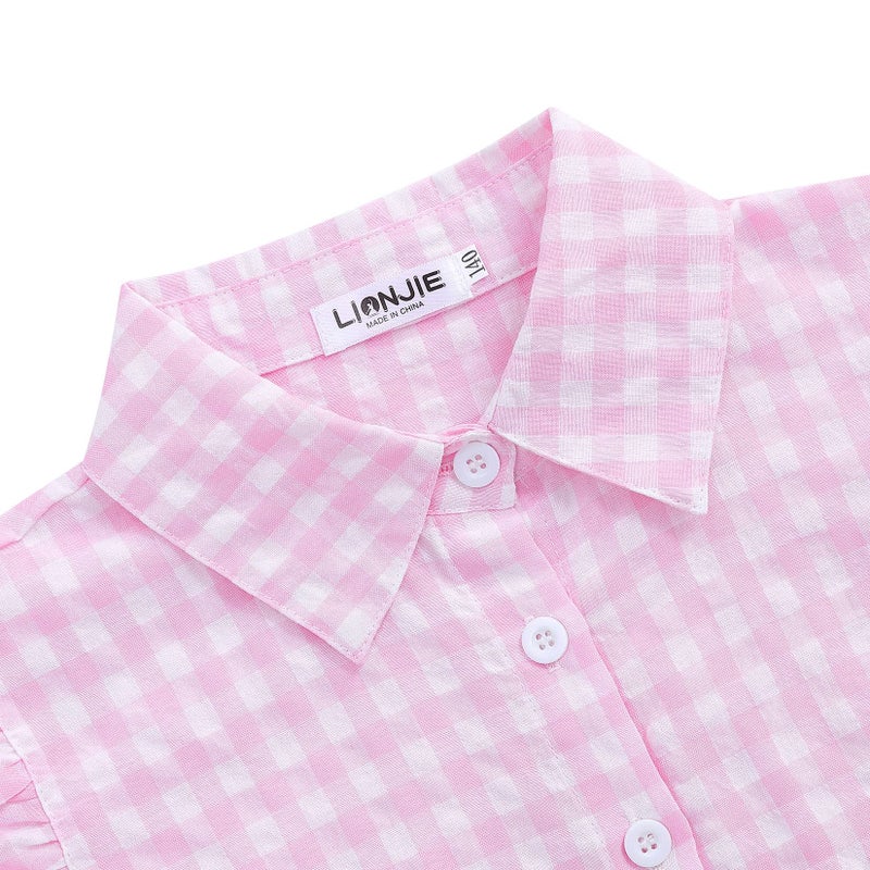 LIONJIE Girls Flutter Sleeve Shirts Pink Plaid Button Down Tie Knot Front Casual Blouse Summer Cardigan Crop Top 9-10Y - Image 4