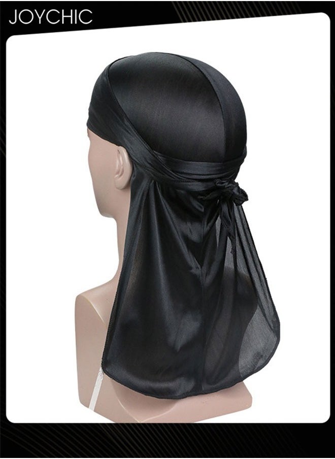 Joychic - New Style Soild Pattern Silk Durag Satin for Men Pirate Caps Long Tail Decoration Head Wrap Elastic Beanie Hats Waves Hijab Black - Image 1