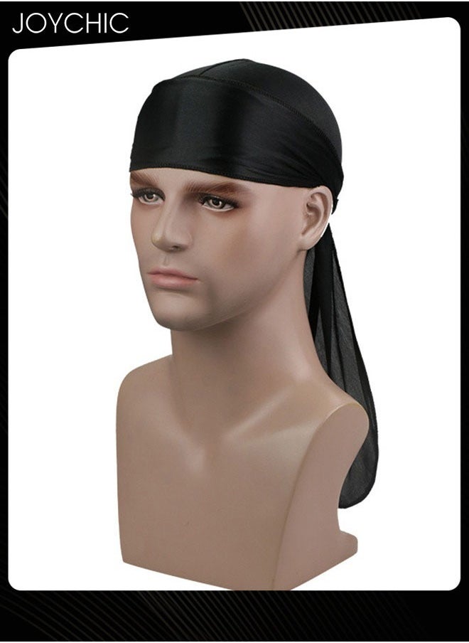 Joychic - New Style Soild Pattern Silk Durag Satin for Men Pirate Caps Long Tail Decoration Head Wrap Elastic Beanie Hats Waves Hijab Black - Image 1