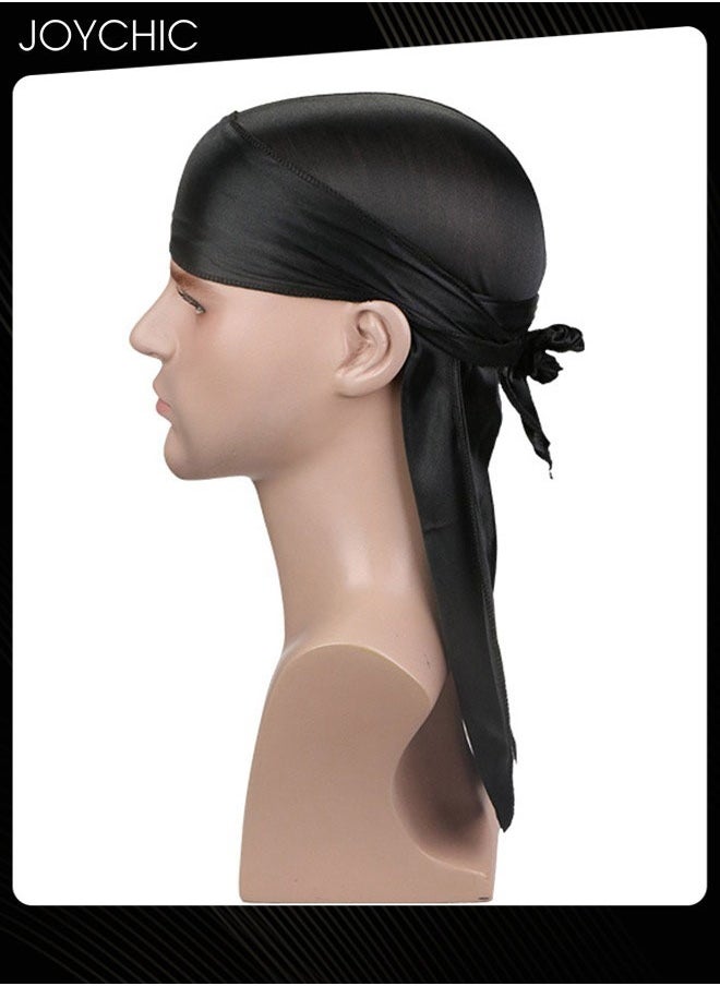 Joychic - New Style Soild Pattern Silk Durag Satin for Men Pirate Caps Long Tail Decoration Head Wrap Elastic Beanie Hats Waves Hijab Black - Image 1