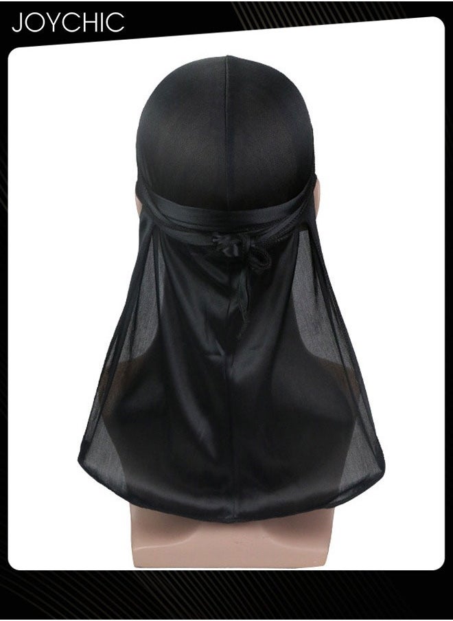 Joychic - New Style Soild Pattern Silk Durag Satin for Men Pirate Caps Long Tail Decoration Head Wrap Elastic Beanie Hats Waves Hijab Black - Image 1
