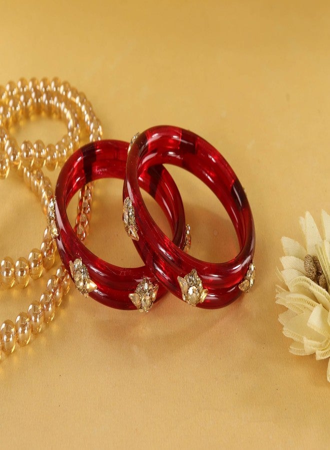 NMII Diamond Glass Bangles Crystal Kada For Women & Girls Adorned with Golden Zircon Stones | Chudi For Women | Bangles for women traditional | AD kangan | Women's Fashion Jewellery-(GK51-Red-2.8) - Image 5
