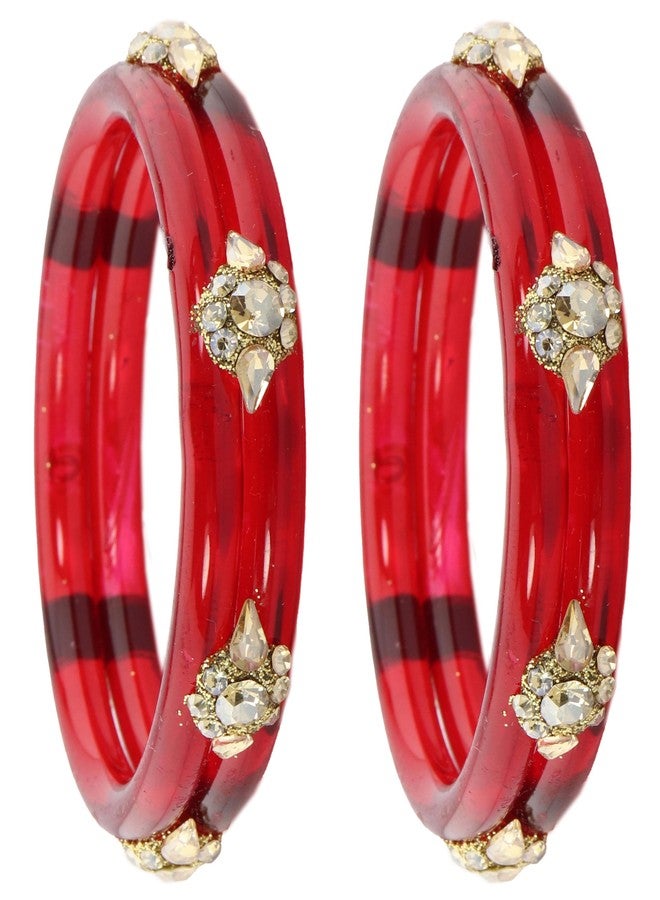 NMII Diamond Glass Bangles Crystal Kada For Women & Girls Adorned with Golden Zircon Stones | Chudi For Women | Bangles for women traditional | AD kangan | Women's Fashion Jewellery-(GK51-Red-2.8) - Image 1