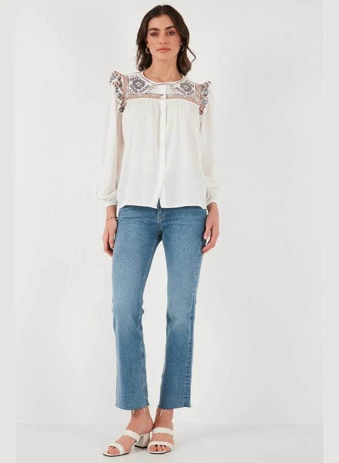 Lela Lela Ethnic Patterned Sleeve Detailed Crew Neck Şile Cloth Shirt Women's SHIRT 611BZ0042