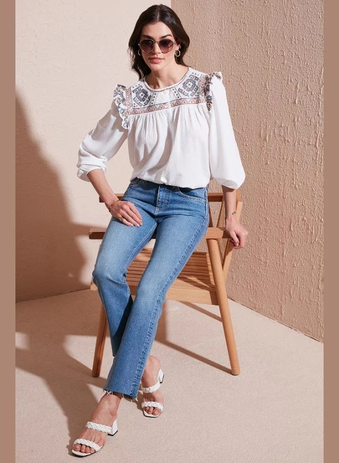 Lela Lela Ethnic Patterned Sleeve Detailed Crew Neck Şile Cloth Shirt Women's SHIRT 611BZ0042