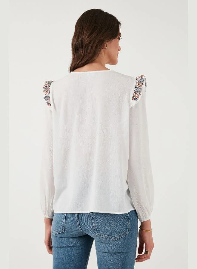 Lela  Lela Ethnic Patterned Sleeve Detailed Crew Neck Şile Cloth Shirt Women's SHIRT 611BZ0042 for Women | Best Price UAE