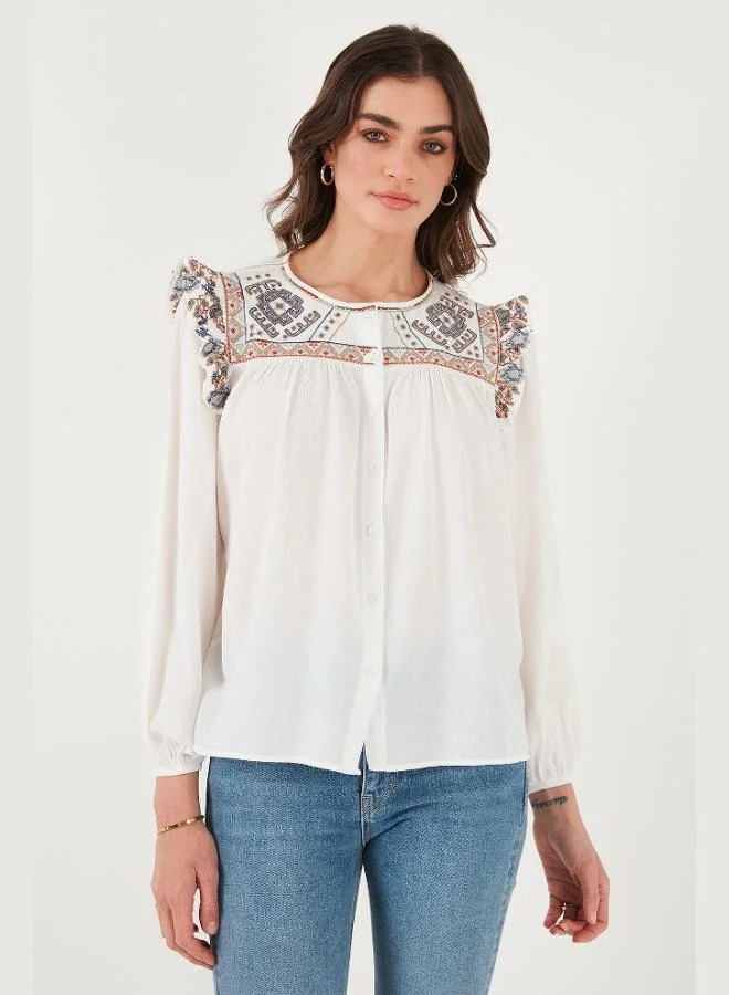Lela  Lela Ethnic Patterned Sleeve Detailed Crew Neck Şile Cloth Shirt Women's SHIRT 611BZ0042 for Women | Best Price UAE