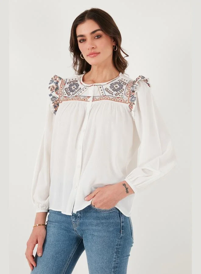 Lela  Lela Ethnic Patterned Sleeve Detailed Crew Neck Şile Cloth Shirt Women's SHIRT 611BZ0042 for Women | Best Price UAE