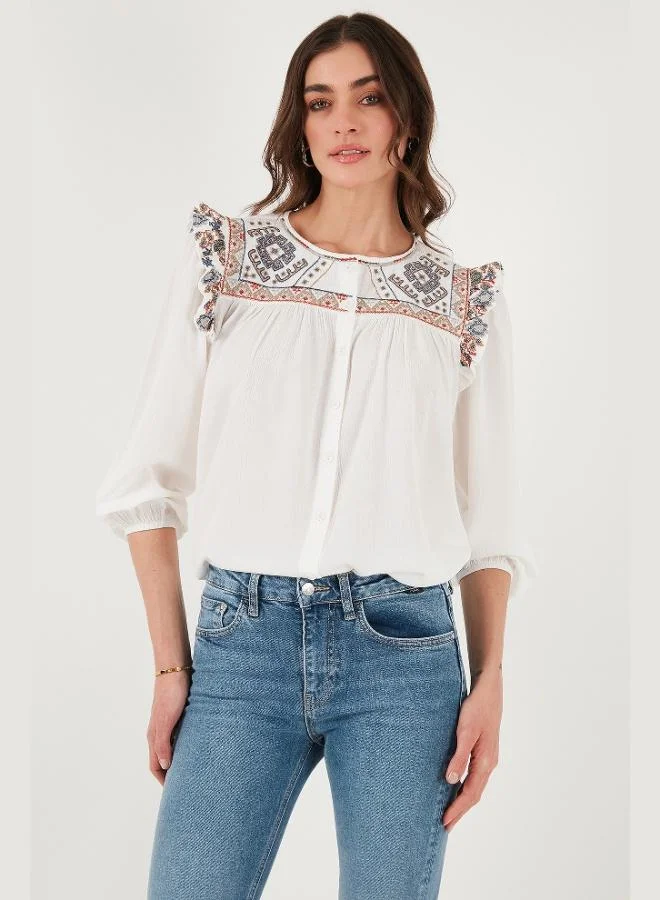 Lela  Lela Ethnic Patterned Sleeve Detailed Crew Neck Şile Cloth Shirt Women's SHIRT 611BZ0042 for Women | Best Price UAE