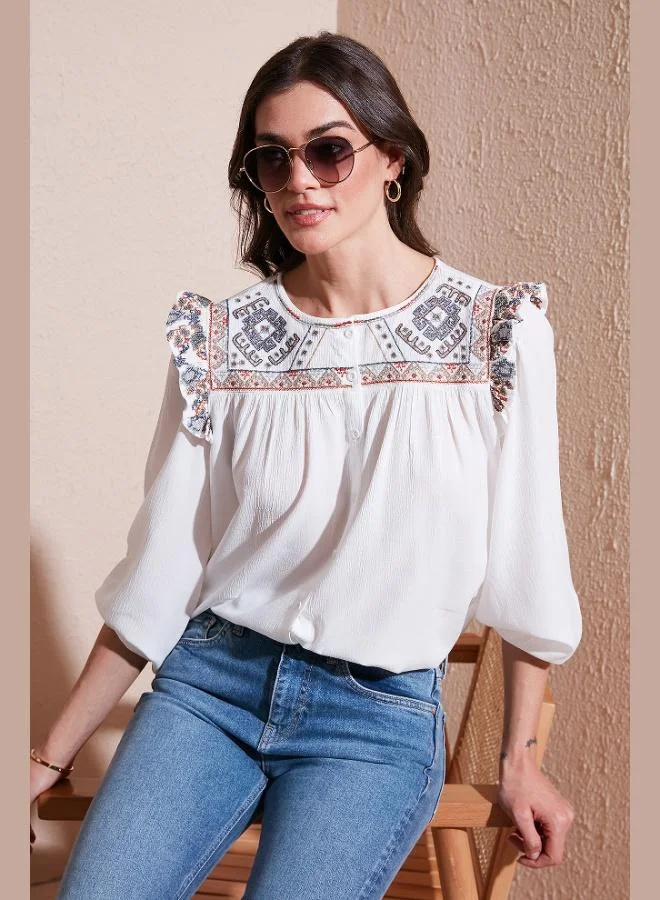Lela  Lela Ethnic Patterned Sleeve Detailed Crew Neck Şile Cloth Shirt Women's SHIRT 611BZ0042 for Women | Best Price UAE