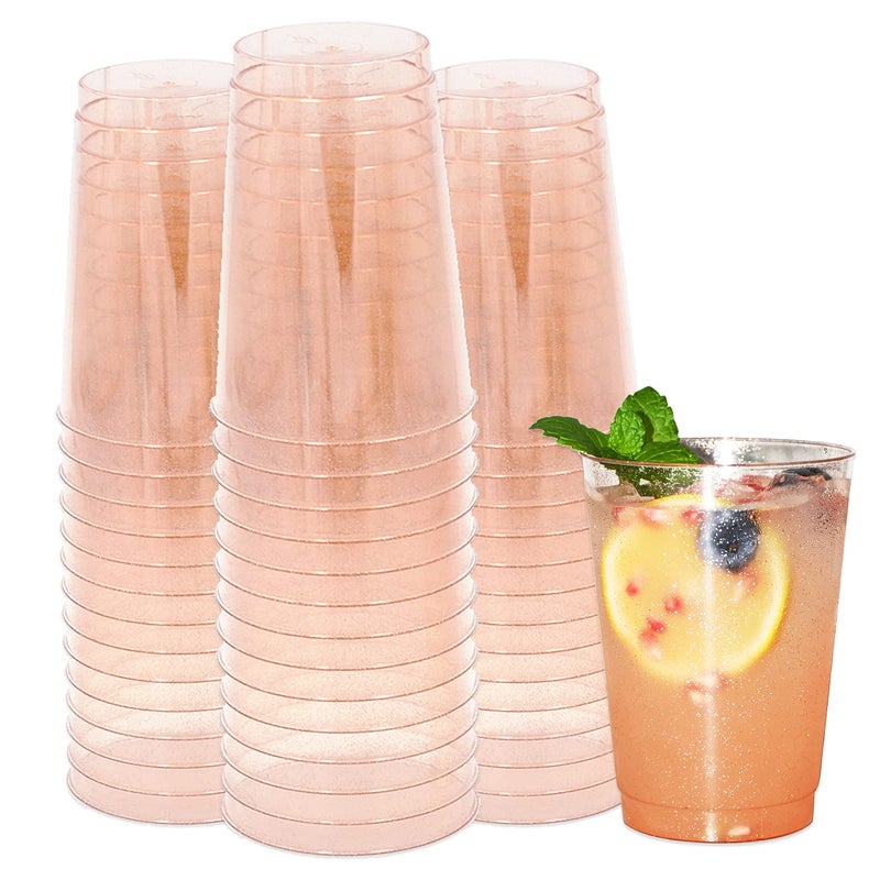 Homy Feel 12 Oz Rose Gold Glitter Plastic Cups 50PCS Disposable Cocktail Wine Cups for Wedding Party Valentines Day