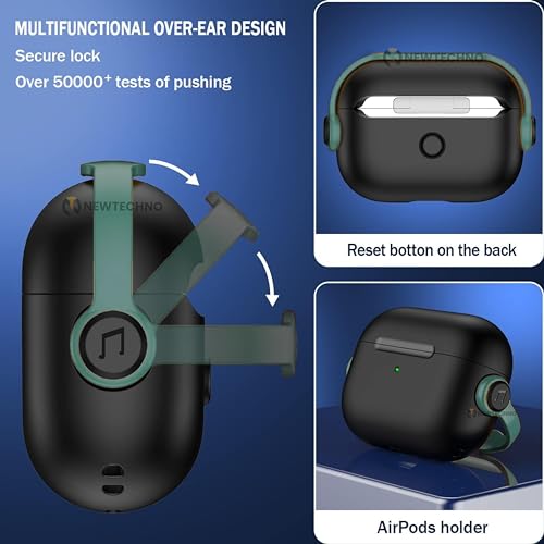 NEWTECHNO Antilost Lid Case Cover Shell for Airpods pro 2| Full Protection Case Cover with Lanyard Compatible for Airpods pro Gen-2 with carabaner | Green Black - Image 4