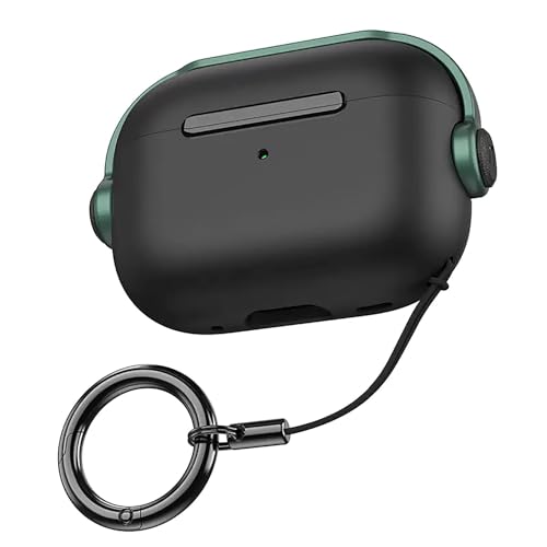 NEWTECHNO Antilost Lid Case Cover Shell for Airpods pro 2| Full Protection Case Cover with Lanyard Compatible for Airpods pro Gen-2 with carabaner | Green Black - Image 1
