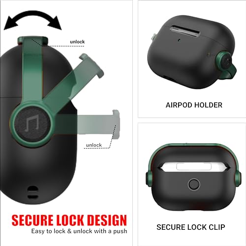 NEWTECHNO Antilost Lid Case Cover Shell for Airpods pro 2| Full Protection Case Cover with Lanyard Compatible for Airpods pro Gen-2 with carabaner | Green Black - Image 5