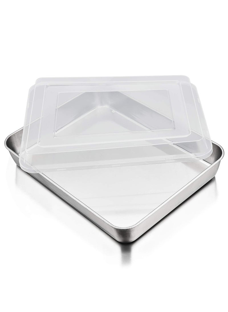 P&P CHEF PP CHEF Stainless Steel Baking Pan with Lid Rectangular Cake Pans Sheet Pan Bakeware for Baking Lasagna Brownies 2Inch Deep Side  Heavy Duty Easy to Store  Clean 123 2Pcs 