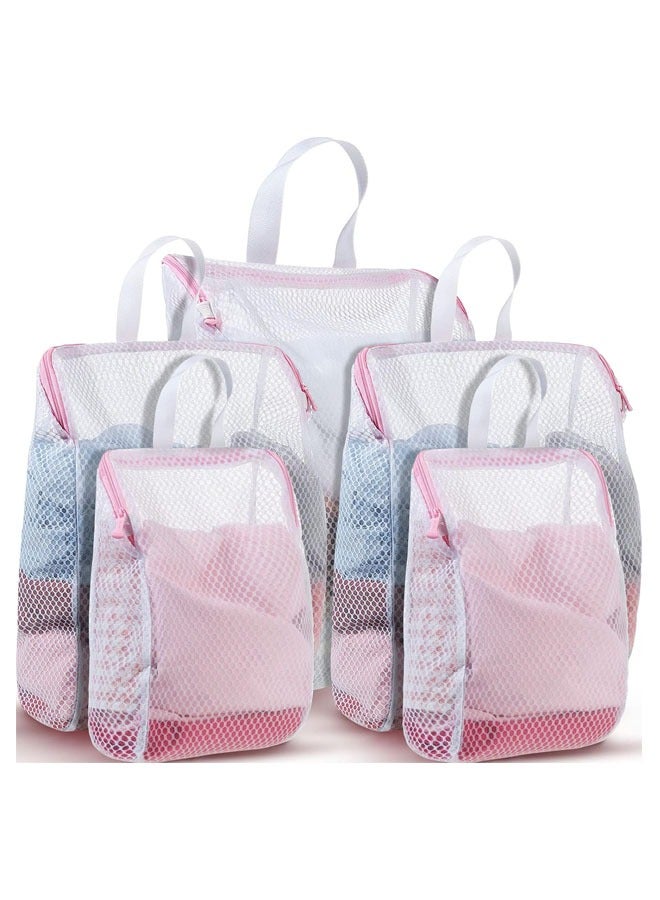 Hihonor 5 Pack Honeycomb Mesh Laundry Bag with Handle, Wash Bag for Socks Washing Machine, Large Opening Side Widening Zippered Mesh Sock Bag, Lingerie Bag for Bra Items Travel Garment, 3 Sizes (Pink) - Image 1