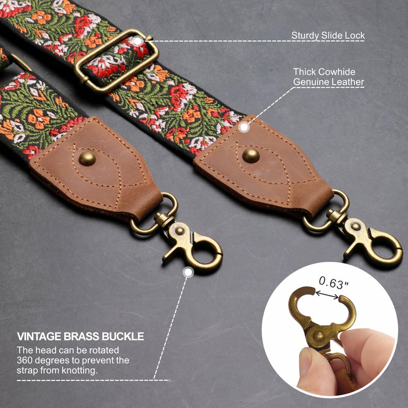 Nefelibata Purse Strap, 2"Cowhide Head Wide Shoulder Strap Adjustable Replacement,Retro Jacquard Embroidery Multi-pattern Crossbody Bag Straps for Handbag,Crossbody Bags,Shoulder Bags(Green embroidery) - Image 3