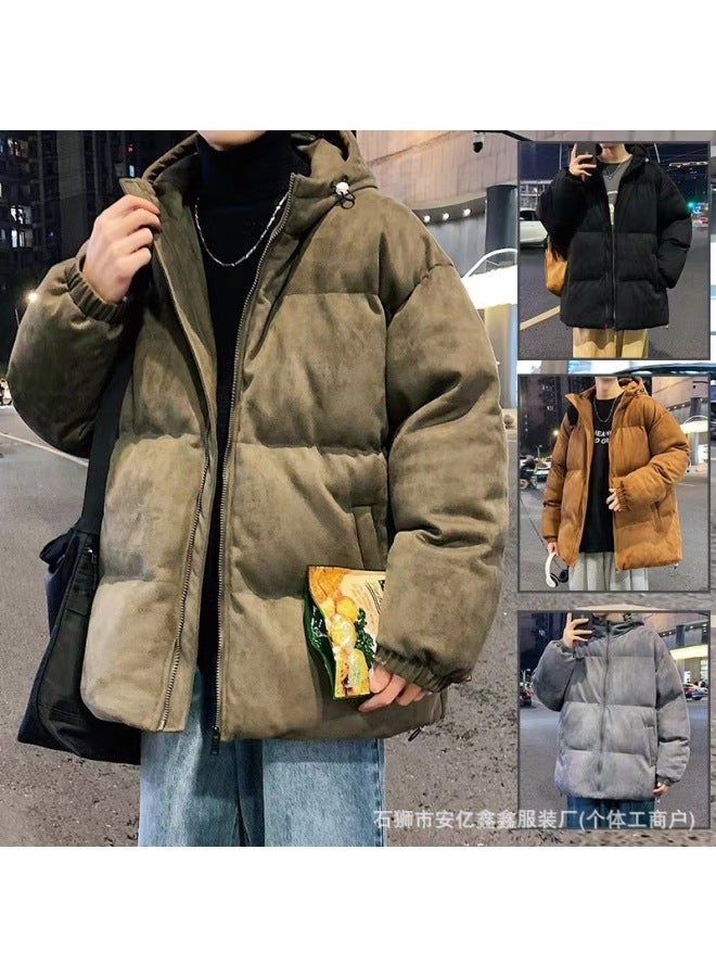 Suede Hooded Cotton Jacket For Men In Winter, Fleece-lined, Thickeneded, Warm, Loose Sports Jacket, Loose Large Size Cotton Jacket, Trendy