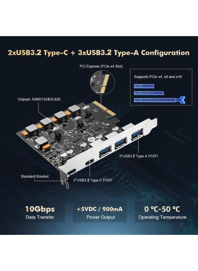 PCIe USB 3.1 Gen 2 expansion card with five 10Gbps high-speed USB Type-A and Type-C ports for desktop computers to increase ports and improve performance. - Image 5