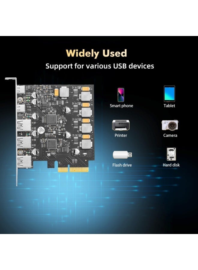 PCIe USB 3.1 Gen 2 expansion card with five 10Gbps high-speed USB Type-A and Type-C ports for desktop computers to increase ports and improve performance. - Image 4