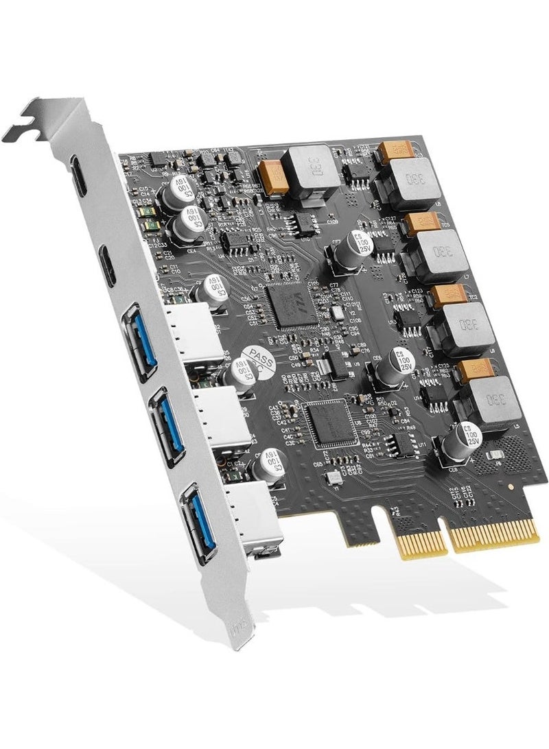 PCIe USB 3.1 Gen 2 expansion card with five 10Gbps high-speed USB Type-A and Type-C ports for desktop computers to increase ports and improve performance. - Image 1