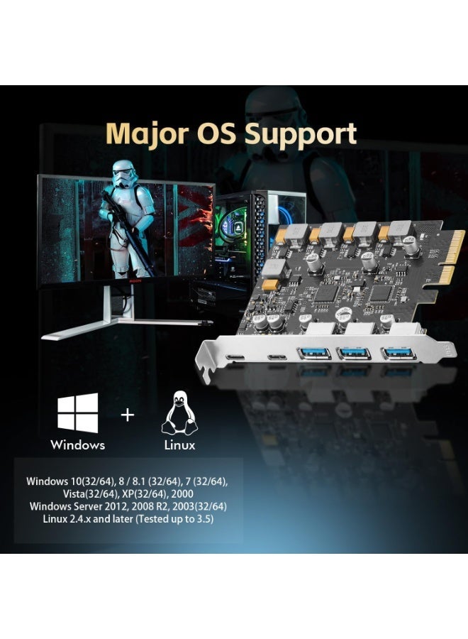 PCIe USB 3.1 Gen 2 expansion card with five 10Gbps high-speed USB Type-A and Type-C ports for desktop computers to increase ports and improve performance. - Image 2