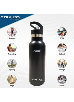 STRAUSS Stainless Steel Water Bottle | Leak Proof, Bpa Free, Vacuum Insulated Flask Water Bottle | Ideal For School, Office, Home, Gym | Eco-Friendly, Durable, Sweat-Proof Design | 500Ml,(Black)  - Image 2