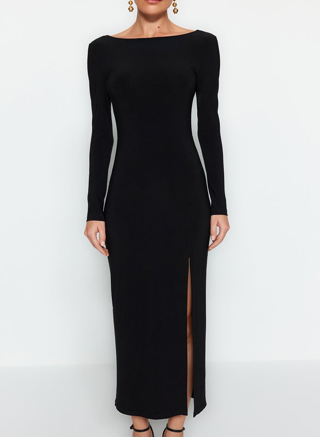 trendyol Black Boat Neck Backless Slit Fitted Maxi Flexible Knitted Dress TWOAW24EL00824 - Image 4