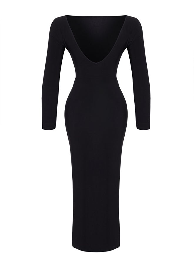 Black Boat Neck Backless Slit Fitted Maxi Flexible Knitted Dress TWOAW24EL00824