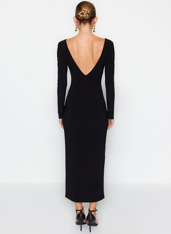 trendyol Black Boat Neck Backless Slit Fitted Maxi Flexible Knitted Dress TWOAW24EL00824 - Image 5